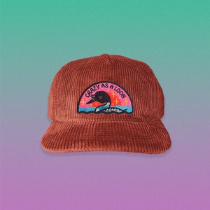 May include: A brown corduroy baseball cap with an embroidered patch that says "Crazy as a Loon" and features a loon with a pink body and black head and wings. The loon is swimming in a blue body of water with yellow stars above it.