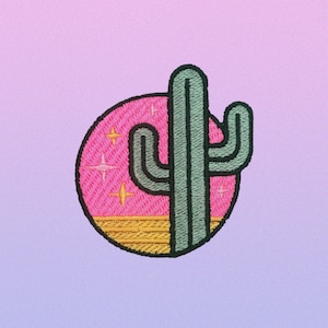 May include: Embroidered patch featuring a pink and yellow sunset with a green cactus in the center. The cactus has a black outline and is surrounded by small yellow stars.