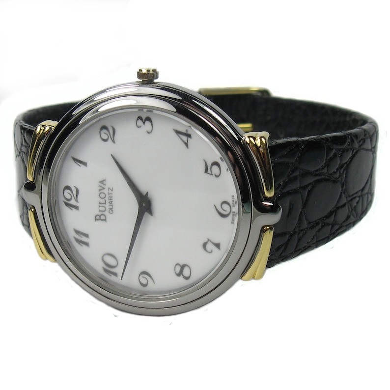 BULOVA women's watch Round white dial Black leather strap Quartz image 3