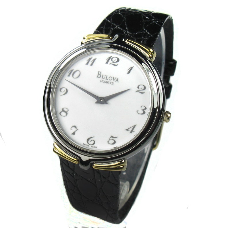 BULOVA women's watch Round white dial Black leather strap Quartz image 2