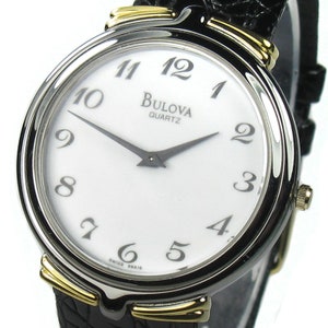 BULOVA women's watch Round white dial Black leather strap Quartz image 1