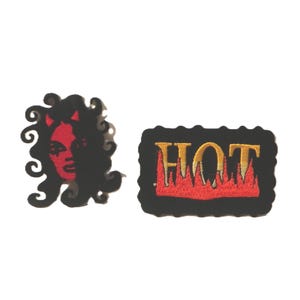 Faux Leather "Hot" Flames and Red She Devil Iron On Embroidered Applique Patches