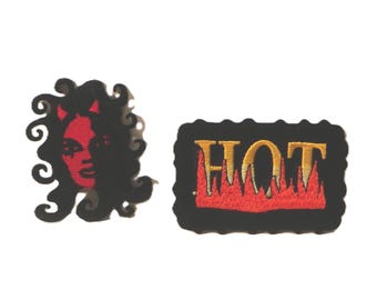 Faux Leather "Hot" Flames and Red She Devil Iron On Embroidered Applique Patches