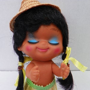 Hawaiian Moody Cuties Doll Vintage , 1970&#39;s Rubber Hula Doll , Hawaii Grass Skirt Rubber Doll , Sassy Face Doll , Hong Kong 6&quot; Poseable Doll