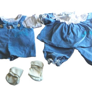 Vintage Cabbage Patch Kids Twin Boy and Girl Light Blue Velvet Outfits , 1980's CPK Clothes - READ !