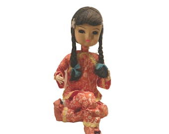 1970's Bradley Style Asian Doll with Stockinette Face , Vintage Wired Poseable Oriental Art Doll