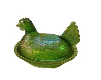 Vintage Indiana Glass Hen on Nest Covered Dish , Lime Green Iridescent Carnival Glass Nested Chicken - Tiny Rim Chip