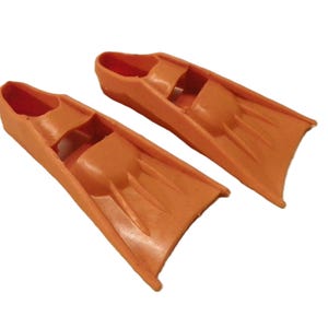 Vintage 1970&#39;s Palitoy Action Man Frogman Rubber Swim Fins Flippers , 1970&#39;s Hong Kong 12&quot; Action Figure  Orange Rubber Flippers Scuba Fins