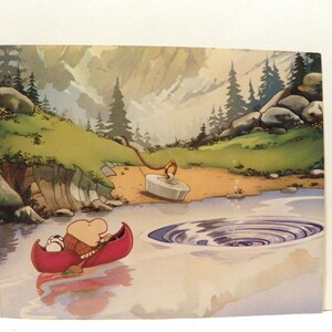 May include: A vintage illustration shows a cartoon character in a red canoe on a lake. The character paddles towards a whirlpool. The background features a mountain range, trees, and a small beach with a metal object.