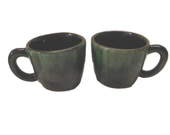 Vintage Blue Mountain Pottery Ceramic Mugs - set of 2 , 1970's Canada BMP Green Drip Glaze Pottery