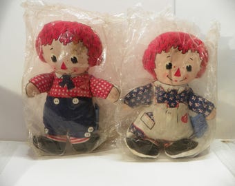 1970's Raggedy Ann and Andy Bean Bag Dolls 7" - New in Package , Vintage Knickerbocker Fabric Rag Doll