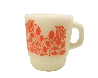 Vintage Anchor Hocking Fire King Milk Glass Mug - Rose Garden Orange Floral