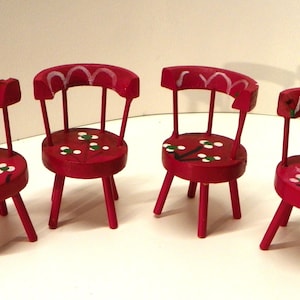 Vintage Red Painted Wood Dollhouse Furniture 4 Chairs , Japan Doll Furniture , 1/12 1:12 scale , Miniature Doll Furniture , Mini Dollhouse