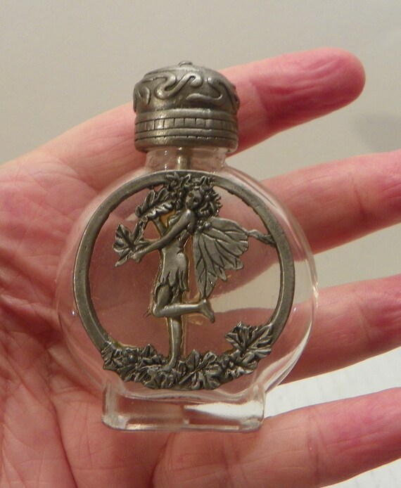 Vintage 1990's JJ Jonette Fairy Pewter and Glass Perfume Bottle