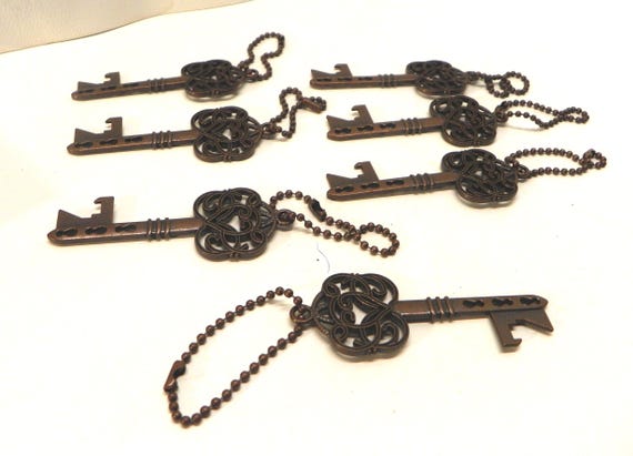 7 Antique Look Skeleton Key Bottle Openers on Chains , Crafting Bronze Colored 3" Key on Keychain
