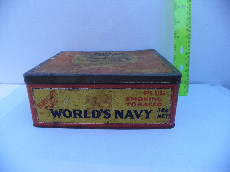 Vintage World's Navy Tobacco Tin , Tobaccianna , Worlds Navy Tobacco Plug Smoking , Vintage Collectible Tin , Home Decor Tin , Advertising image 2