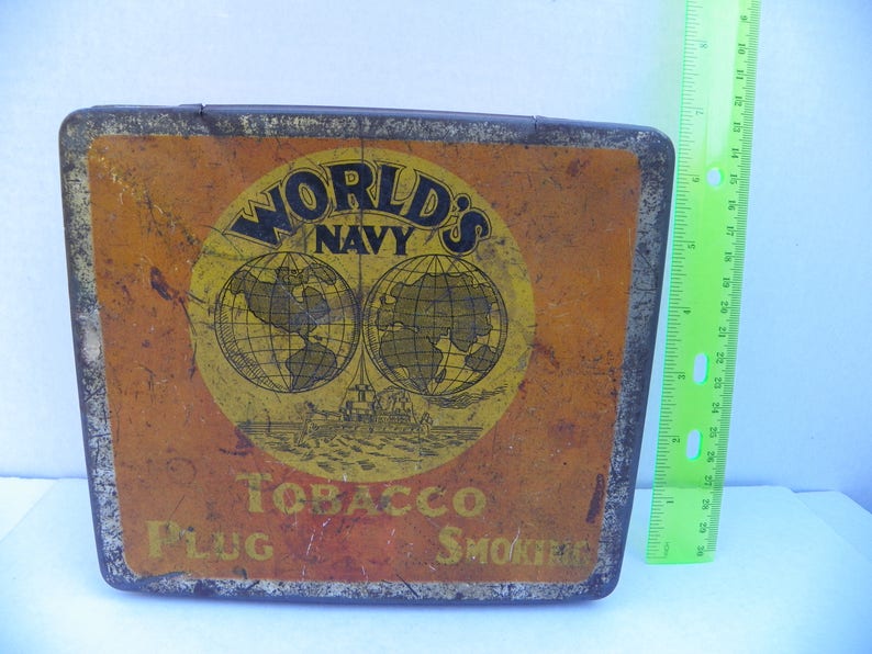 Vintage World's Navy Tobacco Tin , Tobaccianna , Worlds Navy Tobacco Plug Smoking , Vintage Collectible Tin , Home Decor Tin , Advertising image 1