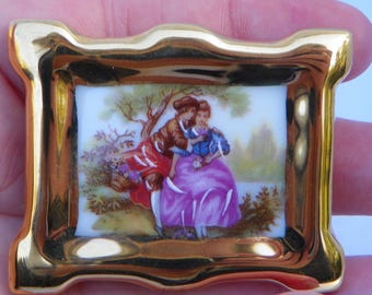 Vintage Limoges Porcelain Miniature Framed Fragonard Art Picture Courting Couple 2"x1.5", Limoges France Gold , Dollhouse Miniature Picture