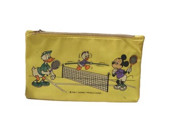 Vintage Walt Disney Characters Yellow Vinyl Pencil Case , 1970s Mickey and Donald Tennis-themed Zippered Pouch