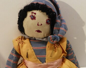 Charming Old Primitive Folk Art Rag Doll with Hand Embroidered Features , Vintage Handsewn Cloth Doll 8"