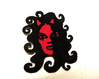 Vintage Red She Devil Girl Iron On Applique Patch , 2 Inch Devilish Woman Embroidered Sew-On Jacket Patch , Sewing Accessory