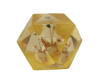 Vintage Faceted Lucite Paperweight with Dried Flowers , MCM Acrylic Yellow Floral Paperweight