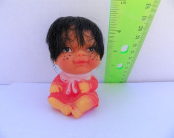 Vintage Moody Cuties Rubber Pouty Face Doll , 1970's Rubber Seated Doll , Ugly Rubber Moody Doll , Sassy Face Doll , Hong Kong Freckle Doll