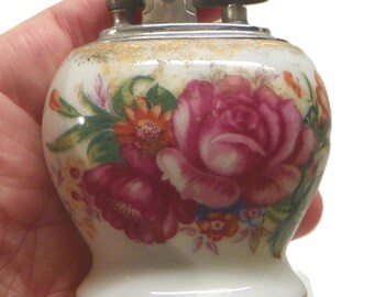 Vintage 1950's Gold Trim Rose Floral Porcelain Table Lighter Untested , Vintage Hand Painted Japanese Flowers Porcelain Lighter