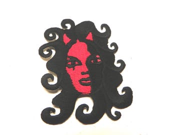 Vintage Red She Devil Embroidered Applique Patch , Devilish Woman Iron-on Sewing Accessory