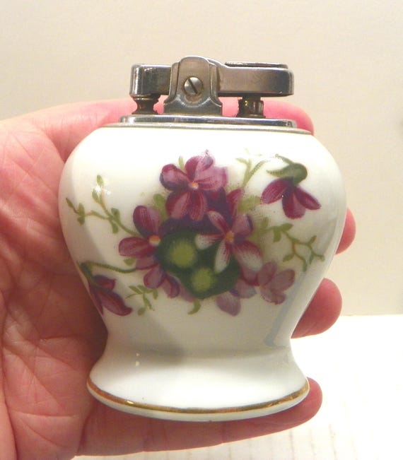 1950's Violets Porcelain Table Lighter Untested , Vintage Hand Painted Floral Bone China Japan Lighter