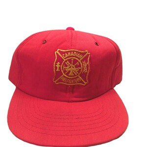 1980's Canadian Firefighters Trucker Hat , Red Firefighter's Maltese Cross Patch Snapback Ballcap