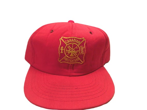 1980's Canadian Firefighters Trucker Hat , Red Firefighter's Maltese Cross Patch Snapback Ballcap