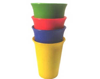 Vintage Classic Tupperware Stacking Bell Tumbler Cups #109 - Set of 4 Primary Colors , Tupperware 7 Ounce Plastic Glasses