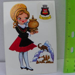 Vintage gestickte Roma Souvenir Postkarte, Italienische Spitze und Seide gestickte Postkarte, Vintage Postkarte, Handarbeits Mädchen
