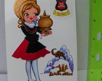 Vintage Embroidered Roma Souvenir Postcard , Italian Lace and Silk Embroidered Post Card , Vintage Postcard , Needlework Girl