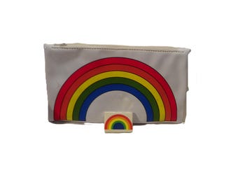1980s Rainbow themed Vinyl Pencil  Case and Eraser , Vintage School Kit Pencil Pouch