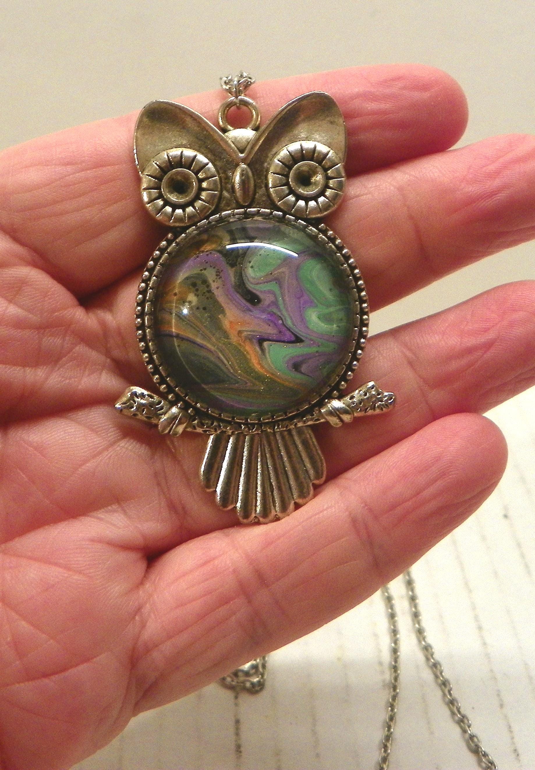 Vintage Owl Pendant on 24 Inch Silver Tone Necklace , Acrylic Paint Pour Owl Costume Jewelry