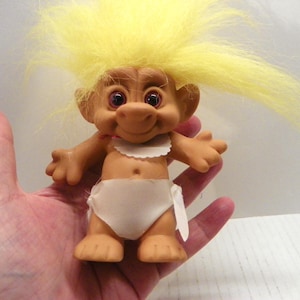 1990&#39;s Yellow Haired Baby Forest Troll , Vintage 3.5 inch Troll , Diaper Baby Troll Doll , 1990&#39;s Troll Doll  , Russ Berrie , Treasure Troll