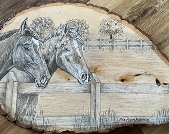 190 2 Horses at Fence 18” x 11”