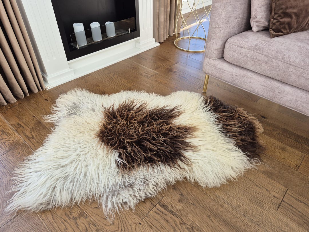 Curly Wool SHEEPSKIN Icelandic Natural White-brown Rug Genuine Natural ...