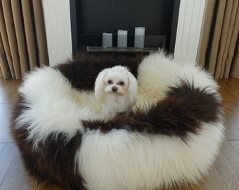 Cama para cães em pele de carneiro genuína, tamanho XXL, aconchegante e de alta qualidade.