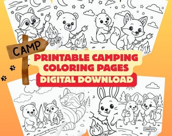 Puede incluir: Una colección de páginas para colorear imprimibles con temática de camping, con adorables animales de dibujos animados. Las páginas incluyen imágenes de mapaches, osos, zorros y conejos disfrutando de actividades de campamento. El texto "PRINTABLE CAMPING COLORING PAGES DIGITAL DOWNLOAD" es visible.