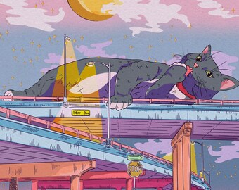 May include: An illustrated artwork depicts a gray cat lounging on a bridge, licking its paw. The background features a pastel sky with a large yellow moon, clouds, and stars. The bridge has a sign that reads "14 ft 3 in".