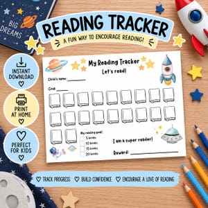 May include: A white paper reading tracker sheet featuring space-themed illustrations including a rocket, planets, and stars. The text includes My Reading Tracker, Let's read!, Child's name, Goal, My reading goal, 5 books, 10 books, 15 books, 20 books, I am a super reader!, and Reward.
