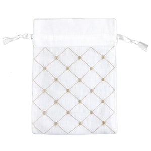 Petit sac cadeau - Sac à cordon blanc 4,75 x 6,75 pouces - Avec broderie taupe clair - Coton rayonne