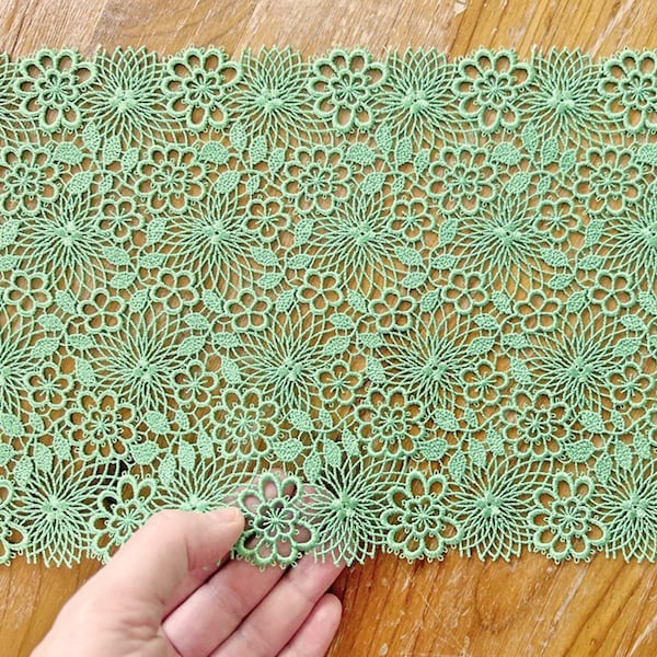 Exquisite Floral Venice Lace - 7.3 Inch Width - 1 Yard - High Quality Boho Style Bright Green Non-Stretch Lace