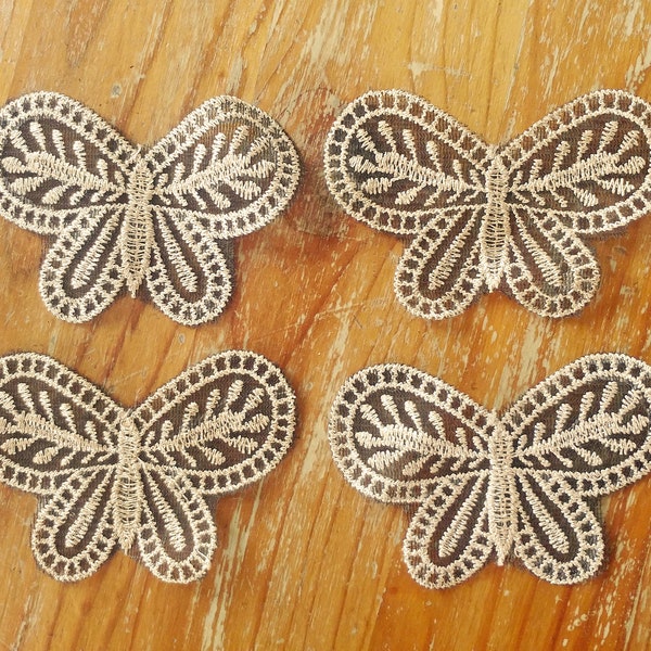 Lot of 4 - Vintage Style Gold Embroidered Mesh Lace Butterfly Appliques - 3.4 x 2.25 Inch - Lovely DIY Sew-On Patches - High Quality