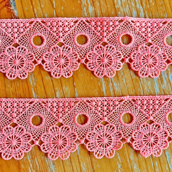 Lovely 1 Yard Fine Floral Venice Lace Trim - 2 Inch Width - High Quality Boho Style Bright Bubblegum Pink Soft Non-Stretch Lace