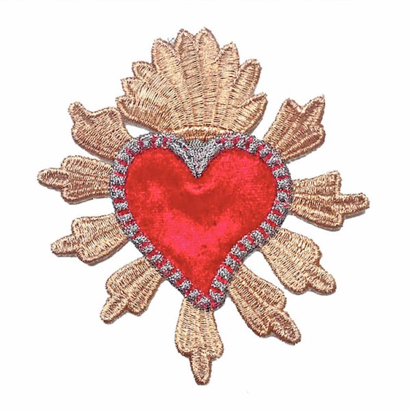 Sacred Heart Embroidered Patch - Finely Detailed Iron-On Applique - 3.75 x 4 Inch - Metallic and Velvet - for Jackets Bags – Mexican Style