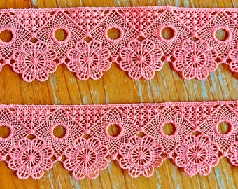 Lovely 1 Yard Fine Floral Venice Lace Trim - 2 Inch Width - High Quality Boho Style Bright Bubblegum Pink Soft Non-Stretch Lace